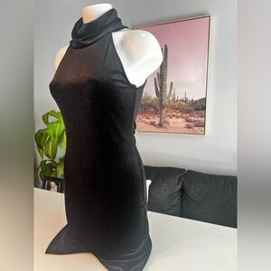 Black Velvet Mock Neck Bodycon Dress • Sleek Minimalist Holiday / NYE Look (L)